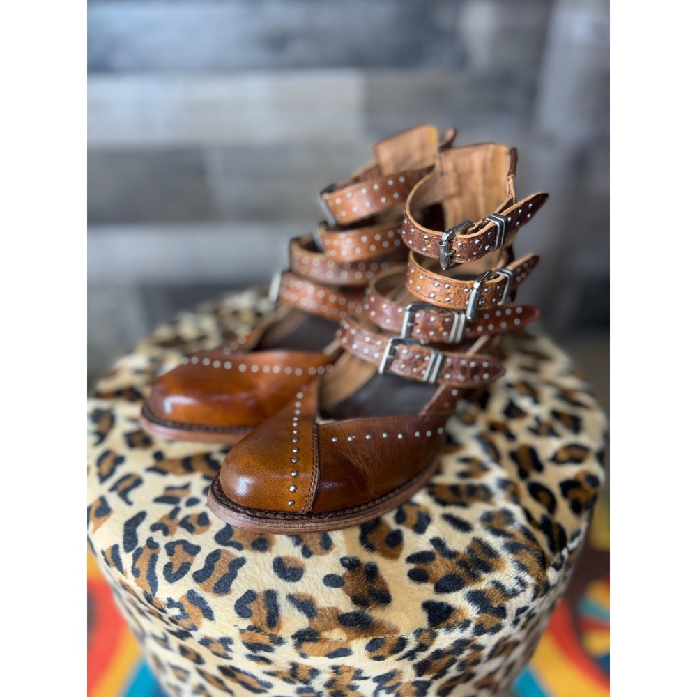 Freebird by Steven Felicity Brown Leather Studded Multi Strap Ankle Boots 6